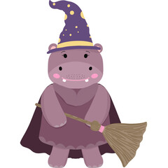 Cute cartoon hippopotamus dressed as a witch, wearing a purple hat and cape while holding a broomstick. Fun and playful Halloween illustration perfect for kids designs, cards, and decorations.
