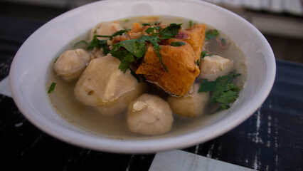 Indonesian Meatball Soup Bakso with Tofu and Fried Shallots