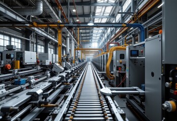 wide angle shot of a modern industrial factory filled with fully automated machinery and complex conveyor systems