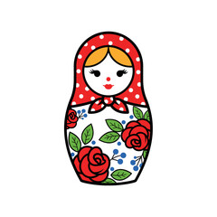 Adorable matryoshka doll with red polka dot scarf isolated on white background russian nesting toy