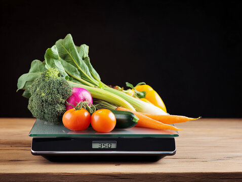 Fresh assorted vegetables on a digital kitchen scale, healthy eating and nutrition concept