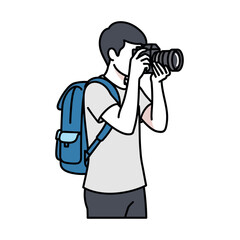 Photographer taking picture isolated on white background man with camera and backpack vector