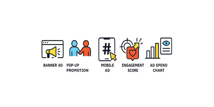 Print  Digital advertising icon set – banner ad, pop-up promotion, mobile ad, retargeting icon, and ad spend chart, minimal flat vector, isolated on white background