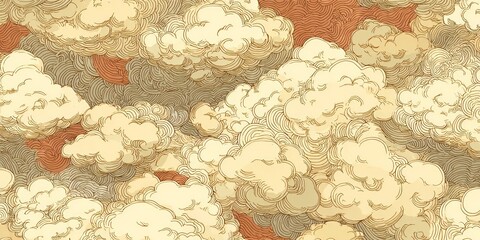 Naklejka premium A detailed illustration of cloudscapes, showcasing intricate line work and a blend of warm beige and light brown tones. The swirling patterns create a sense of depth and movement.