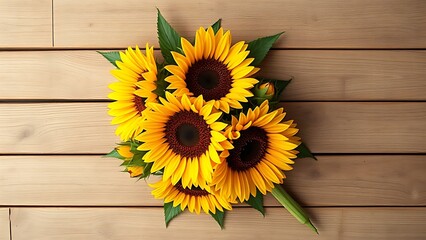 Sunflower bouquet on a rustic wooden surface with warm directional lighting.