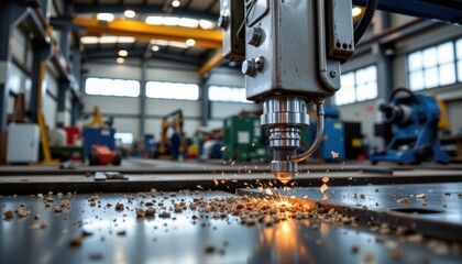 close up of a cnc machine cutting metal in an industrial factory, highlighting the machine's high precision, metal shavings scattered on the floor, and reflections of overhead and window lights