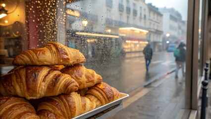 Golden croissants behind a rainy bakery window street view. Suitable for food blogs, travel websites, bakery advertisements, and more.