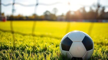 Soccer ball nestled in the net against a lush green field, capturing a moment of victory.