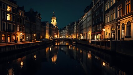 Naklejka premium A nighttime canal scene with historic buildings reflected in water, glowing windows creating warmth.