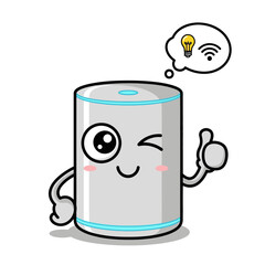 Cute cartoon smart speaker character giving a thumbs up and thinking isolated on white background