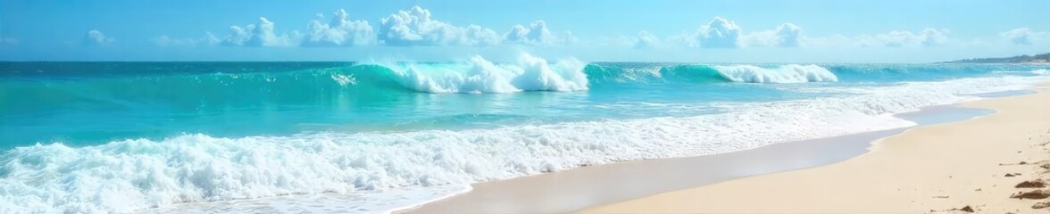 Fototapeta premium Vast, turquoise ocean waves crashing on a sandy shore under a bright blue sky; a breathtaking seascape perfect for travel, nature, and serenity themes , travel, sand