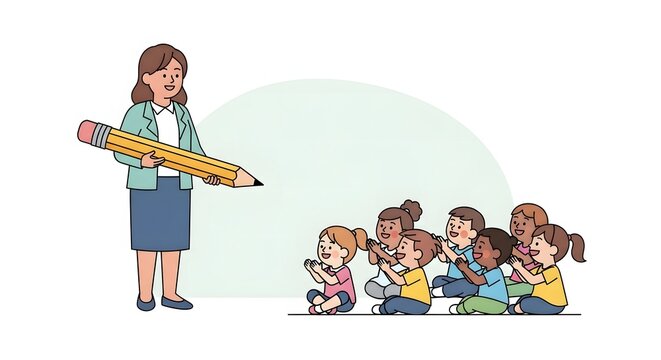 Teacher instructing a diverse group of preschool children, using a giant pencil as a visual aid. - Powered by Adobe