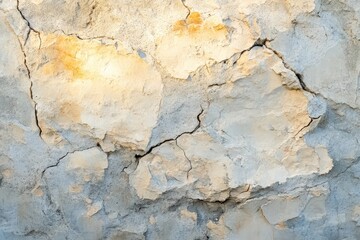 Fototapeta premium A weathered, light beige and gray concrete surface, displaying deep cracks and peeling paint, offers a textural backdrop.