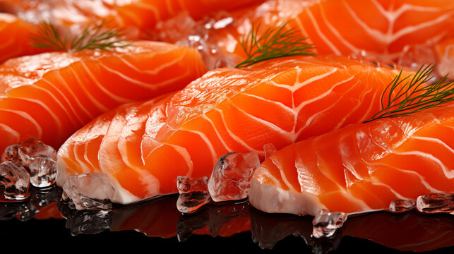 Gros plan et zoom sur des sashimi, tranches de saumon cru finement coupée et marinée. Plat traditionnel japonais, nourriture asiatique. Japon, Asie, sushi et maki. Pour conception, création graphique.