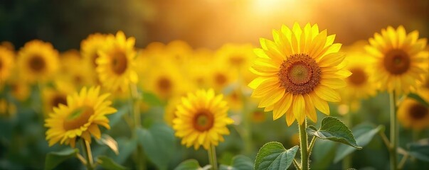 Obraz premium Vibrant sunflowers bask in the golden sunlight of a lush garden, petals unfurling in a breathtaking display of summer's beauty Perfect for nature, summer, and gardening themes , eco, field