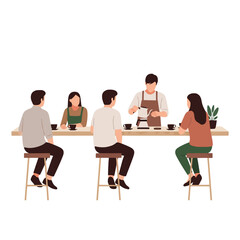 Professional barista skillfully preparing and serving coffee to customers at a trendy cafe counter, illustrating a cozy coffee-making demonstration or workshop experience