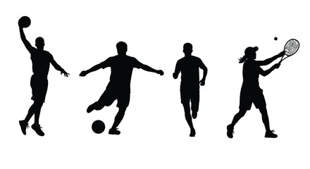 Diverse sports silhouettes athletes action poses basketball soccer running tennis dynamic motion vector