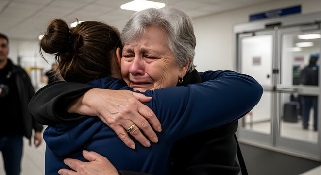 Emotional Reunion Elderly Mother and Daughter Embrace at Airport