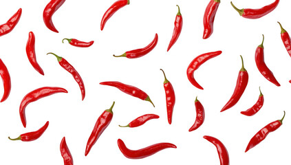 A arrangement of fresh red chili peppers scattered artistically on a clean white background. ideal for culinary themes. spice marketing. or food photography