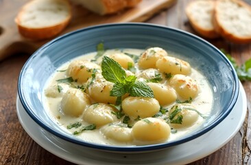 Creamy gnocchi with herbs served in a light blue bowl, garnished with fresh mint. Delicious homemade Italian pasta dish on a rustic wooden table with bread in the background