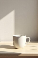 Fototapeta premium A single, white ceramic mug sits on a bleached wood table, bathed in soft, natural light Minimalist home, simple living, calm, peaceful morning scene , lifestyle, minimalist design, peaceful