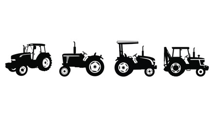Four diverse silhouette tractors lined up showing agricultural machinery variety for farming vector
