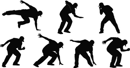 Silhouette hip hop dancers, breakdance moves, street dance performance, urban culture, freestyle motion, energy, rhythm, style