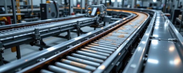 Obraz premium high angle view of automated conveyor belts moving products industrial production line metallic surfaces illuminated by led lights emphasizing efficiency