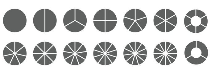 Segments of circle with 1 to 15 pieces. Info graphic icons circles set divided radius in black and white color vector image. Divided circle sections, Black round diagram. Divided circle sections.