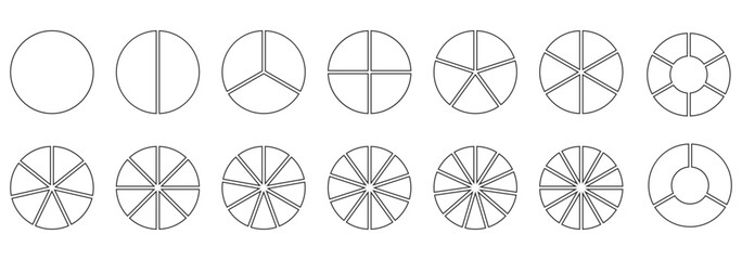Segments of circle with 1 to 15 pieces. Info graphic icons circles set divided radius in black and white color vector image. Divided circle sections, Black round diagram. Divided circle sections.