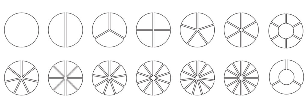 Segments of circle with 1 to 15 pieces. Info graphic icons circles set divided radius in black and white color vector image. Divided circle sections, Black round diagram. Divided circle sections.