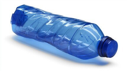Crushed blue plastic bottle on white background representing pollution, recycling, and plastic waste problem.
