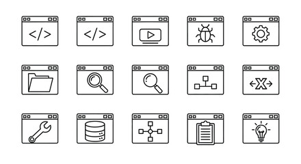 Hand drawn collection of software development and technology icons in sketchy style vector