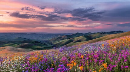 Fototapeta premium Rolling hills covered with vibrant wildflowers in a stunning array of colors, bathed in soft pastel hues of a sunset sky, creating a peaceful and serene landscape that embodies the beauty of nature 
