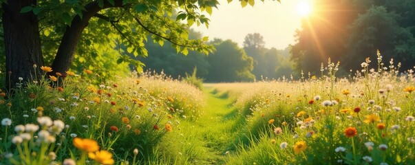 A sun-drenched old meadow, wildflowers in full bloom, tall grasses swaying gently in the breeze, a tranquil and idyllic summer scene Overgrown, rustic charm, peaceful landscape , sun, environment
