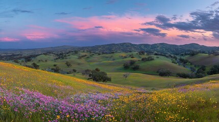 Fototapeta premium Rolling hills covered with vibrant wildflowers in a stunning array of colors, bathed in soft pastel hues of a sunset sky, creating a peaceful and serene landscape that embodies the beauty of nature 