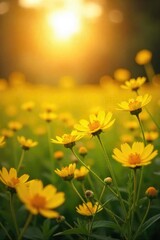 Obraz premium A sunlit field of vibrant yellow wildflowers, bathed in golden light, evokes a sense of sacred peace and spiritual purity The scene radiates warmth and serenity , pollen, botany