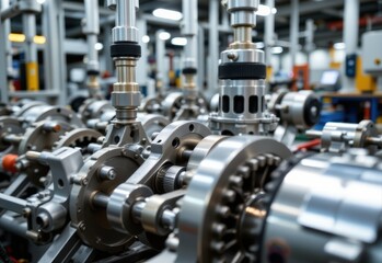 Fototapeta premium modern industrial factory machinery close up gears motors automated production clean metallic surfaces bright technical lighting detailed mechanical engineering