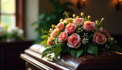 A somber and respectful arrangement of flowers sits atop a closed casket at a funeral service, conveying peace and remembrance The scene is bathed in soft, muted light , funeral, simple, solemnity