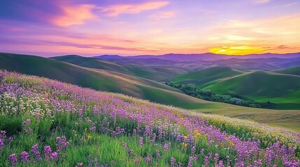 Fototapeta premium Rolling hills covered with vibrant wildflowers in a stunning array of colors, bathed in soft pastel hues of a sunset sky, creating a peaceful and serene landscape that embodies the beauty of nature 