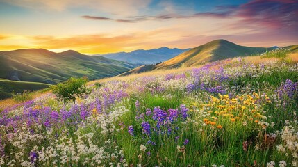 Fototapeta premium Rolling hills covered with vibrant wildflowers in a stunning array of colors, bathed in soft pastel hues of a sunset sky, creating a peaceful and serene landscape that embodies the beauty of nature 