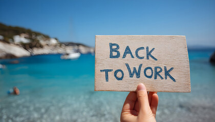 A hand holding a "Back to Work" sign at the beach, symbolizing the end of vacation and the return to work routine