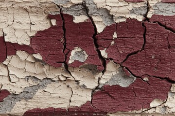 Textured surface exhibiting deep cracks and peeling paint in muted shades of red, beige, and gray.