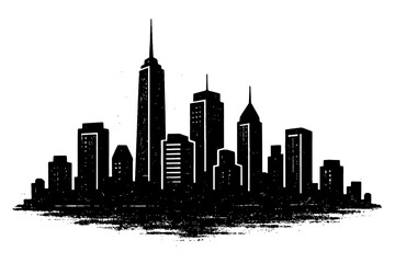 Sleek urban city skyline silhouette vector illustration showcasing towering skyscrapers and modern architecture. Black and white graphic with a unique grunge-textured base, ideal f