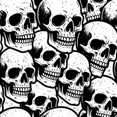 Distressed Black & White Skull Pattern: A seamless bold hand-drawn graphic design featuring multiple human skulls, embodying gothic, grunge, and tattoo art styles for edgy backgrou