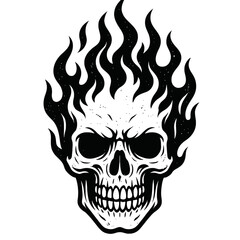 Intense flaming skull illustration in monochrome, embodying fierce rebellion and raw power. This edgy, gritty design with vibrant fire elements is perfect for tattoos, hot rod art,