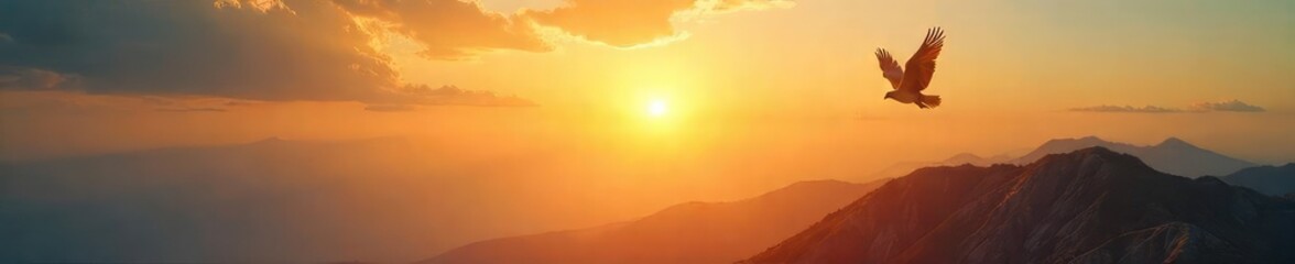 Fototapeta premium A triumphant bird soaring high above a vast, open landscape, symbolizing freedom and the achievement of victory The sun shines brightly, casting a golden glow , power, golden hour