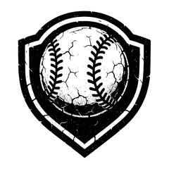 Distressed Baseball Shield Emblem Logo: Vintage Cracked Texture for Sports Apparel, Team Graphics. Classic Retro Athletic Design, Grunge Black & White Vector for Baseball Fans, Lea