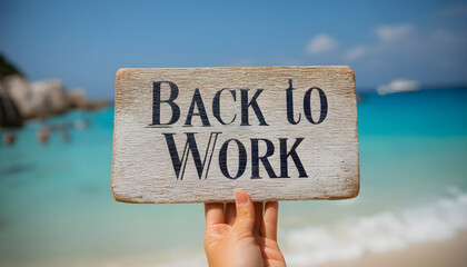 A hand holding a "Back to Work" sign at the beach, symbolizing the end of vacation and the return to work routine