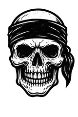 Bold black and white woodcut illustration of a menacing human skull adorned with a classic bandana. A striking graphic design embodying rebel spirit, pirate aesthetics, and vintage